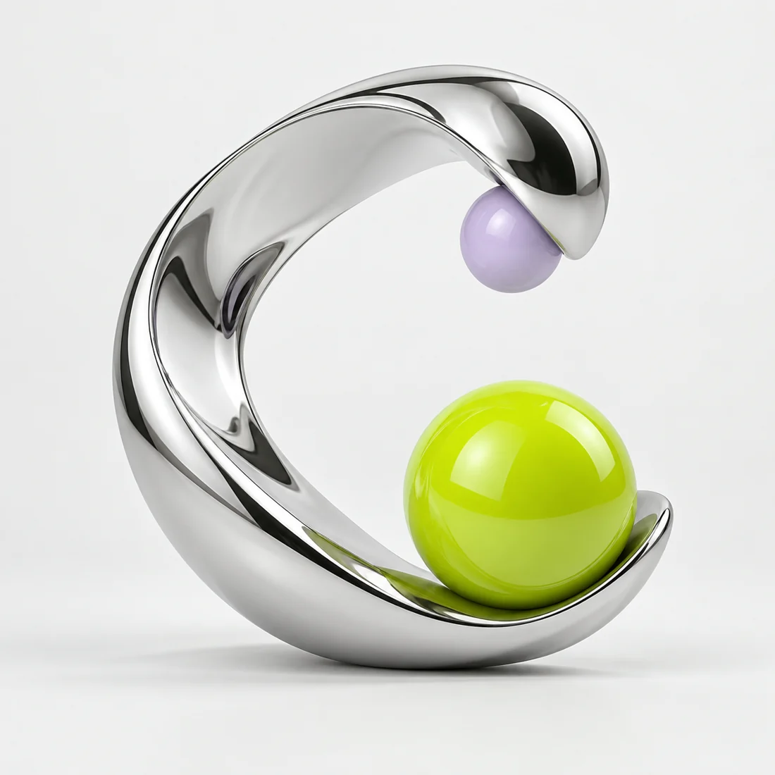 Sculptural chrome loop and lime sphere