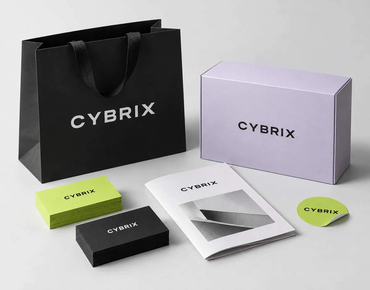 Cybrix concept stationery with business cards, brochure, packaging and sticker